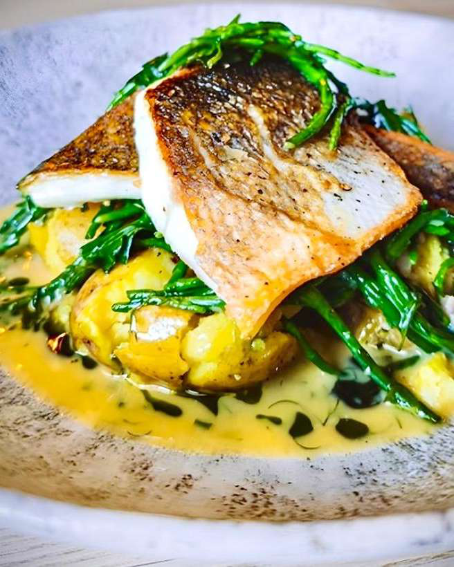 Pan-seared sea bass with saffron cream